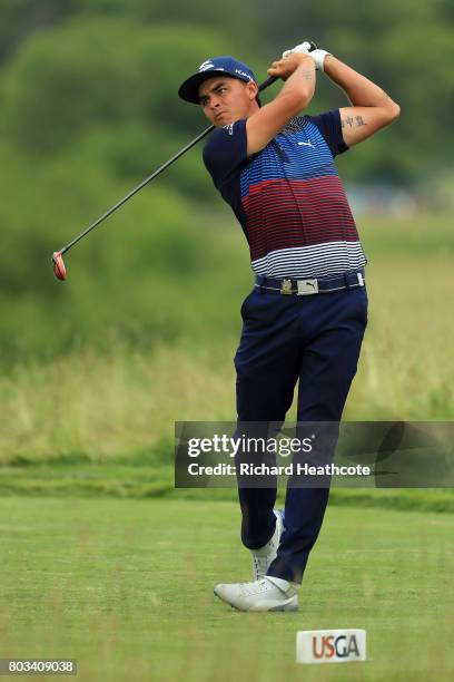 Rickie Fowler hits his tee shot on the 15th during the third round of the 2017 U.S. Open at Erin Hills on June 17, 2017 in Hartford, Wisconsin.