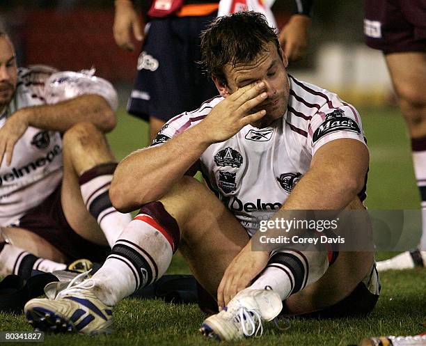 Josh Perry of the Sea Eagles show his dejection after losing in golden goal extra time after the round two NRL match between the Newcastle Knights...