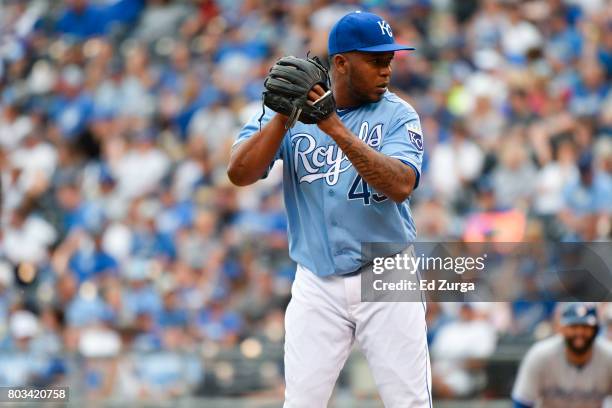 Neftali Feliz of the Kansas City Royals throws against the Toronto Blue Jays at Kauffman Stadium on June 25, 2017 in Kansas City, Missouri.