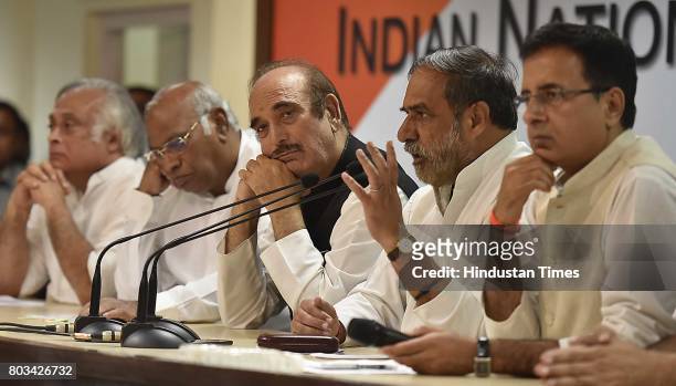 Congress senior leaders Jairam Ramesh, Mallikarjun Kharge, Ghulam Nabi Azad, Anand Sharma and Randeep Surjewala, during a press conference on GST, at...