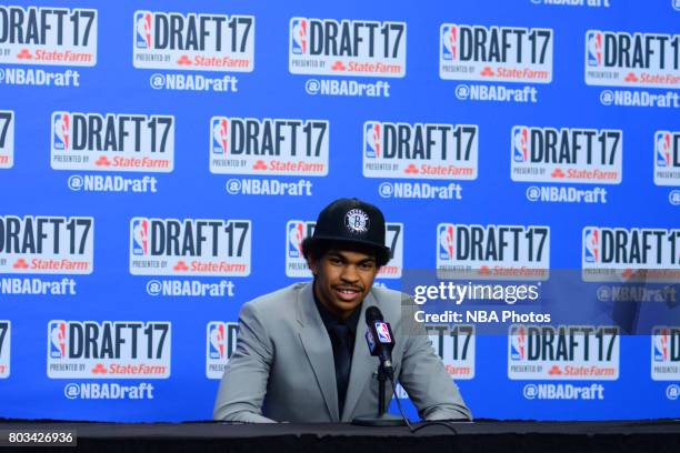 Jarrett Allen speaks with the media after being selected 22nd overall by the Brooklyn Nets at the 2017 NBA Draft on June 22, 2017 at Barclays Center...