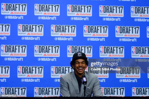 Jarrett Allen speaks with the media after being selected 22nd overall by the Brooklyn Nets at the 2017 NBA Draft on June 22, 2017 at Barclays Center...