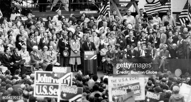 Presidential candidate Walter Mondale speaks from a podium during a campaign rally at the Boston Common on Nov. 2, 1984.