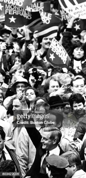 Presidential Candidate Walter Mondale greets supporters during a campaign rally at the Boston Common on Nov. 2, 1984.