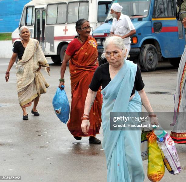 Devotees on the way to base camp on the second day of Amarnath Yatra, on June 29, 2017 in Jammu, India. The annual pilgrimage to the holy shrine...