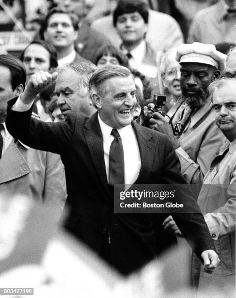 Presidential candidate Walter Mondale gestures during a campaign rally at the Boston Common on Nov. 2, 1984.