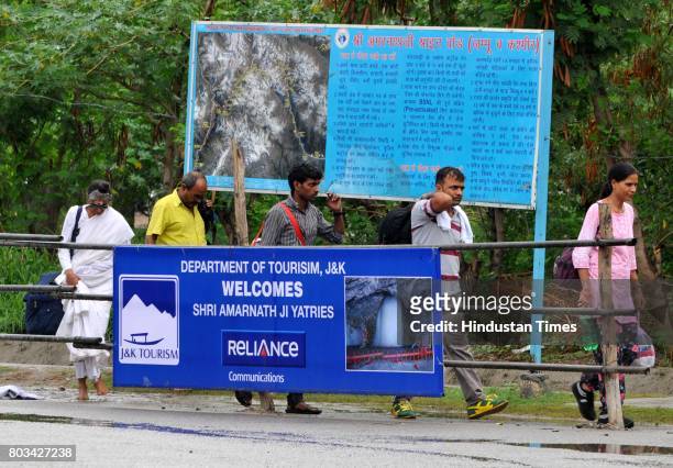Devotees on the way to base camp on the second day of Amarnath Yatra, on June 29, 2017 in Jammu, India. The annual pilgrimage to the holy shrine...