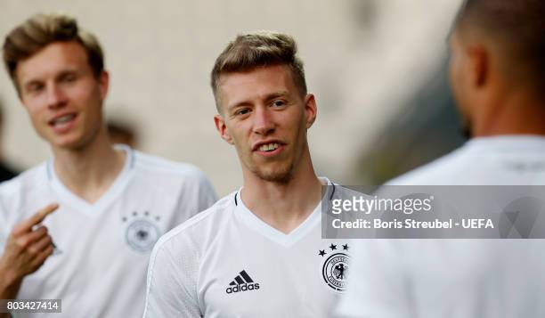 Mitchell Weiser of Germany looks on during the MD-1 training session of the U21 national team of Germany at Krakow stadium on June 29, 2017 in...