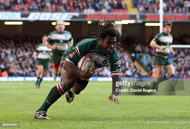 Seru Rabeni of Tigers scores their second try during the EDF Energy Cup Semi Final between Leicester Tigers and London Wasps at the Millennium...