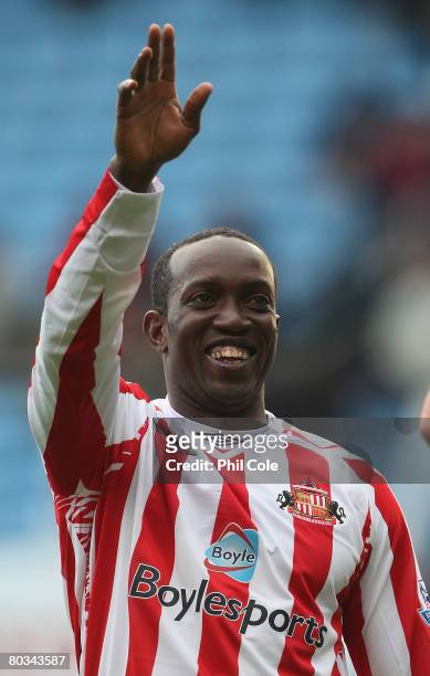 Dwight Yorke of Sunderland celebrates after victory in the Barclays Premier League match between Aston Villa and Sunderland held at Villa Park on...