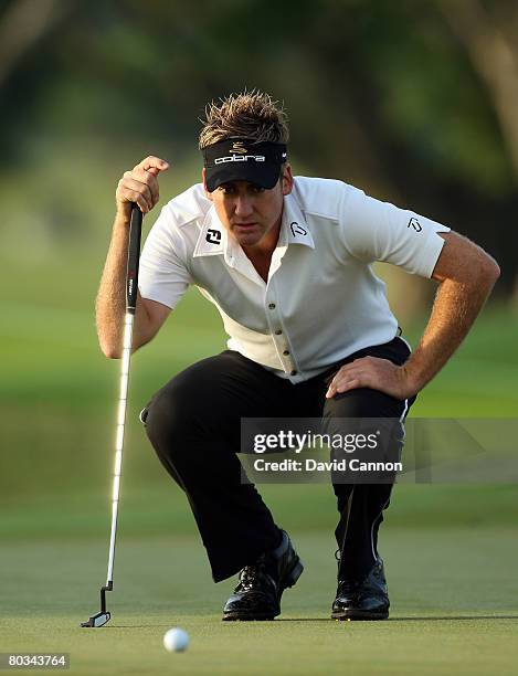 Ian Poulter of England lines up a birdie putt at the 1st hole during the third round of the 2008 World Golf Championships CA Championship at the...