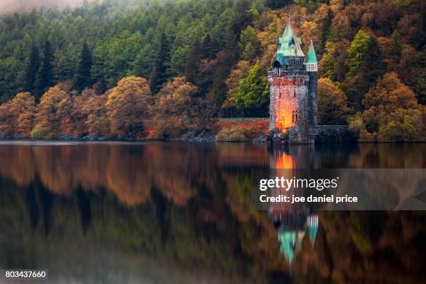 sifting tower reflection, lake vyrnwy, powys, north wales - lake vyrnwy 個照片及圖片檔