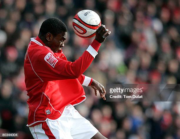 Kayode Odejayi of Barnsley in action during the Coca Cola Championship match between Barnsley v Sheffield United at the Oakwell Stadium on March 22,...