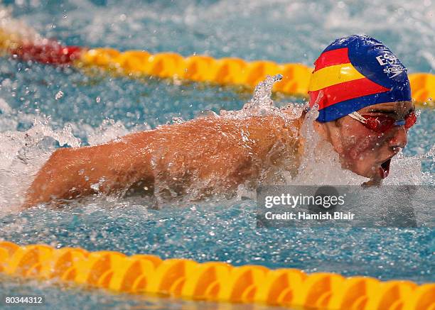 Rafael Munoz Perez of Spain in action in the second semi final of the Men's 100m Butterfly during day ten of the 29th LEN European Championships for...