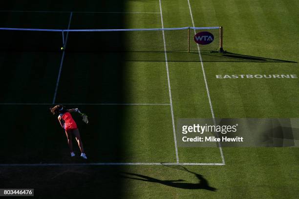 Johanna Konta of Great Britain serves during the ladies singles quarter final match against Angelique Kerber of Germany on day five of the Aegon...