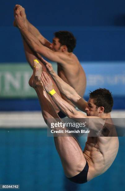 Tobias Schellenberg and Andreas Wels of Germany in action on their way to winning the silver medal during the final of the Men's 3m Synchro...