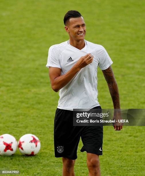 Davie Selke of Germany leaves the pitch ahead of time during the MD-1 training session of the U21 national team of Germany at Krakow stadium on June...