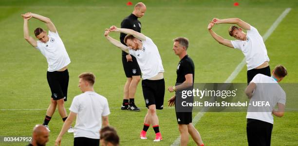 Players of Germany stretch during the MD-1 training session of the U21 national team of Germany at Krakow stadium on June 29, 2017 in Krakow, Poland.
