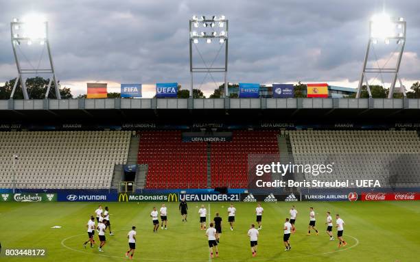 The team of Germany warm up during the MD-1 training session of the U21 national team of Germany at Krakow stadium on June 29, 2017 in Krakow, Poland.