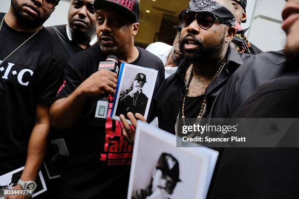 Friends and admirers of Prodigy gather outside of the Frank E. Campbell Funeral Chapel in New York City for the hip hop icon's funeral on June 29,...