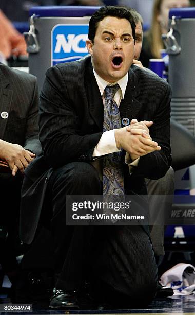 Head coach Sean Miller of the Xavier Musketeers shouts from the bench against the Purdue Boilermakers during the second round of the West Regional as...