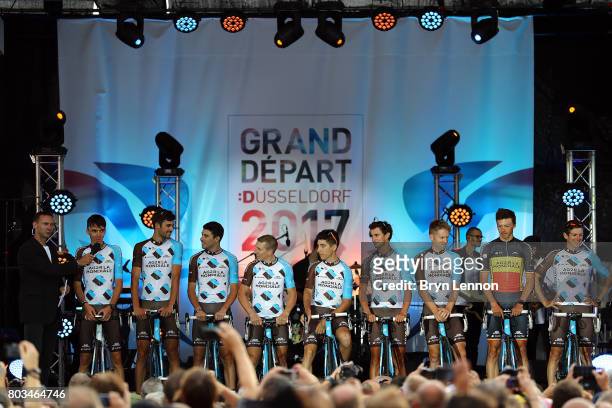 Romain Bardet of France and the AG2R La Mondiale Team chats to Jens Voigt at the 2017 Tour de France Team Presentation on June 29, 2017 in...