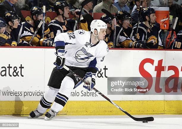 Matt Smaby of the Tampa Bay Lightning controls the puck during the game against the Buffalo Sabres on March 19, 2008 at HSBC Arena in Buffalo, New...