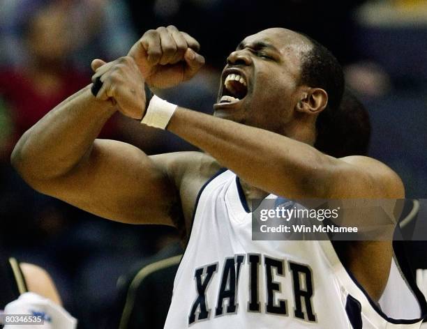 Raymond of the Xavier Musketeers reacts after a play against the Purdue Boilermakers during the second round of the West Regional as part of the 2008...