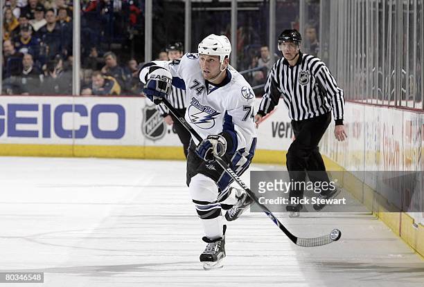 Nick Tarnasky of the Tampa Bay Lightning passes the puck during the game against the Buffalo Sabres on March 19, 2008 at HSBC Arena in Buffalo, New...