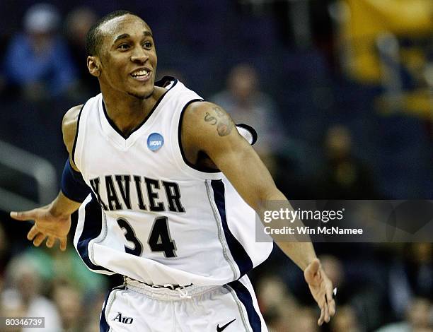 Stanley Burrell of the Xavier Musketeers after defeating the Purdue Boilermakers during the second round of the West Regional as part of the 2008...