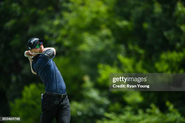 Anders Albertson tees off on the third hole during the first round of the Web.com Tour Nashville Golf Open Benefitting the Snedeker Foundation at...