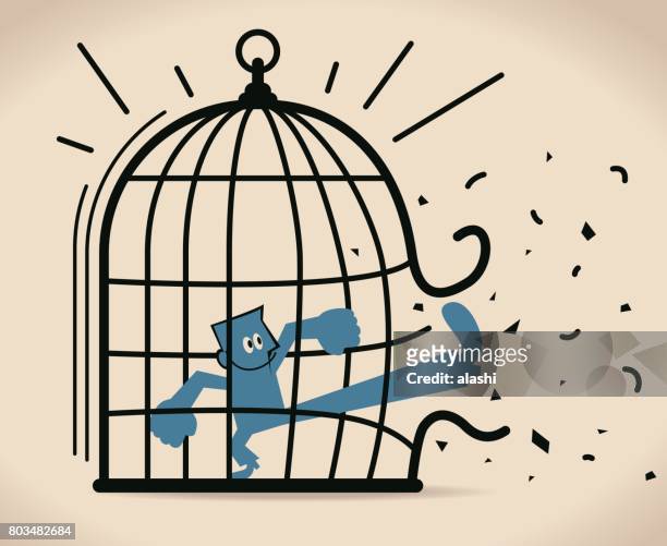 forbidden and freedom, businessman breaking out the large birdcage (cage) - escapism stock illustrations