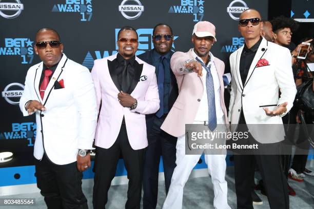 Michael Bivins, Ricky Bell, Johnny Gill, Ralph Tresvant, and Ronnie DeVoe of New Edition arrives at the 2017 BET Awards at Microsoft Theater on June...
