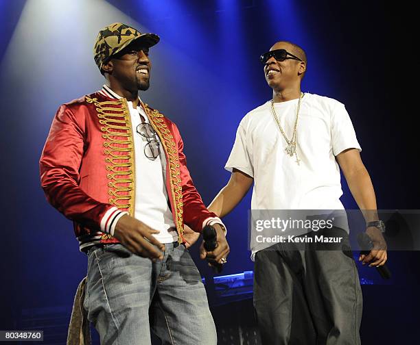 Musician Kanye West performs with Jay-Z during "The Heart of the City" tour at American Airlines Arena on March 22, 2008 in Miami. **EXCLUSIVE**