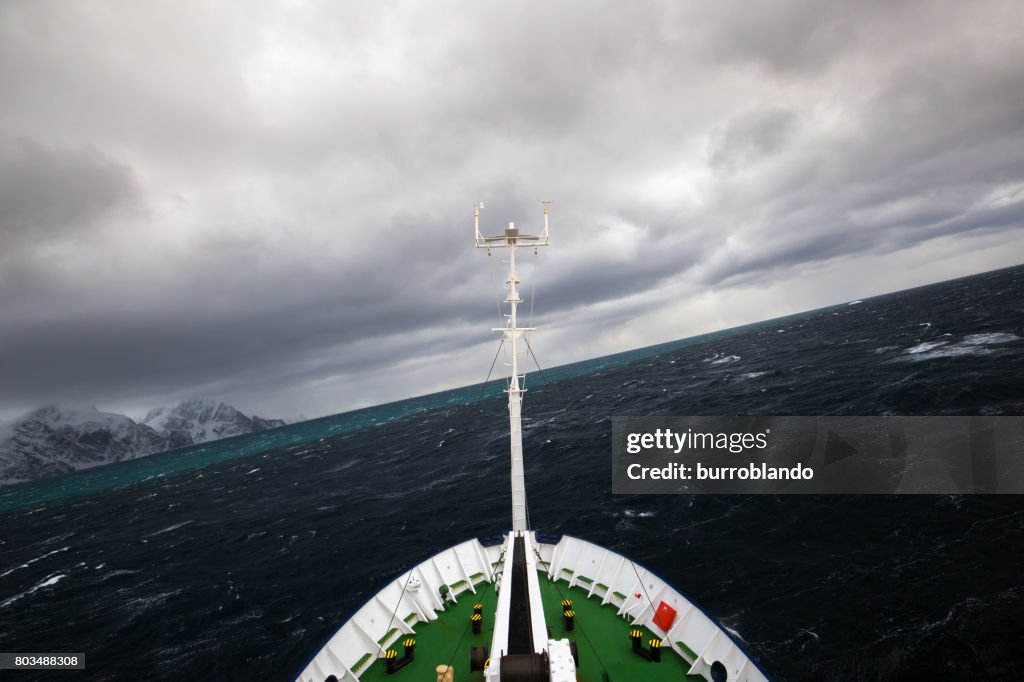Antarctic research ship showing the roll in rough seas approaching elephant island