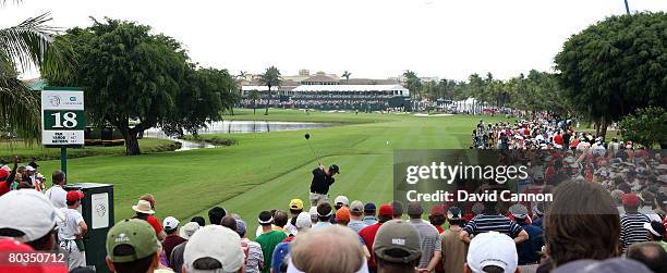 Geoff Ogilvy of Australia drives at the 18th hole during the completion of the third round of the 2008 World Golf Championships CA Championship at...