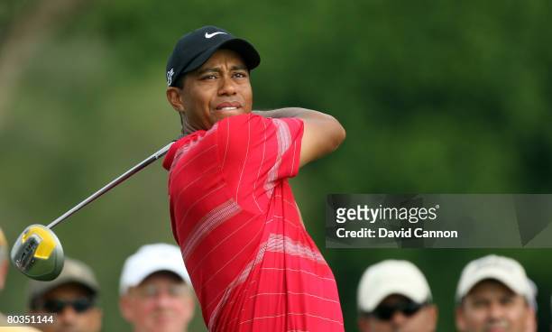 Tiger Woods of the USA hits his tee shot at the 17th hole during the completion of the third round of the 2008 World Golf Championships CA...