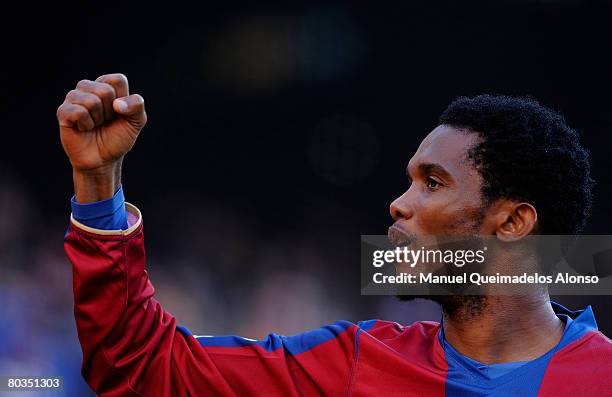 Samuel Eto'o of Barcelona celebreates the first goal during the La Liga match between Barcelona and Valladolid at the Camp Nou stadium on March 23,...