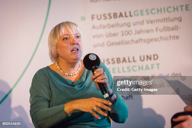 Vice President of the German Parliament Claudia Roth talks during the DFB Culture Foundation - Jubilee Meeting at Millerntor Stadium on June 29, 2017...