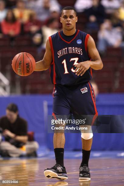 Patrick Mills of the Saint Mary's Gaels moves the ball against the Miami Hurricanes during the first round of the South Regional as part of the 2008...