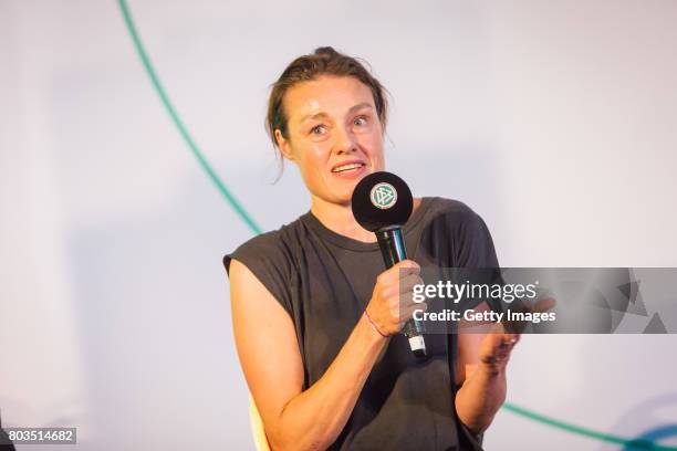 Of Matt Sports Katja Kraus talks during the DFB Culture Foundation - Jubilee Meeting at Millerntor Stadium on June 29, 2017 in Hamburg, Germany.