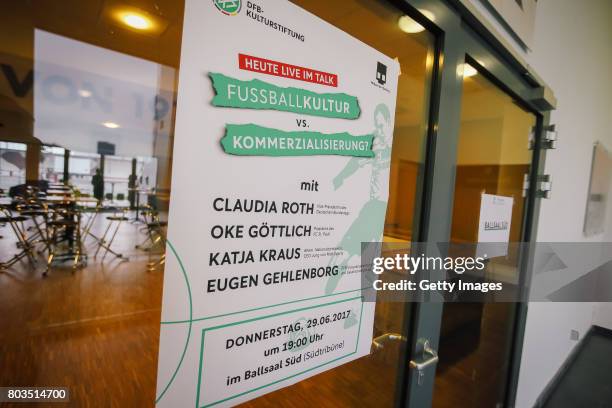 Sign at the door of the Baalsaal invites to the discussion during the DFB Culture Foundation - Jubilee Meeting at Millerntor Stadium on June 29, 2017...