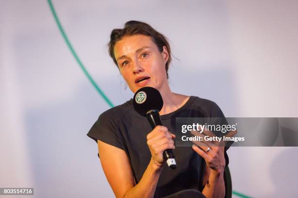 Of Matt Sports Katja Kraus talks during the DFB Culture Foundation - Jubilee Meeting at Millerntor Stadium on June 29, 2017 in Hamburg, Germany.