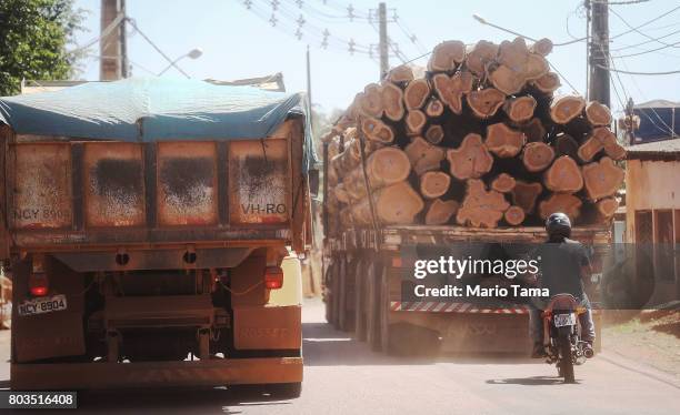 Logging truck hauls Amazon timber in a deforested section of the Amazon rainforest on June 26, 2017 in Porto Velho, Brazil. Work not related to...