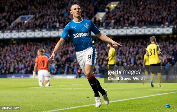 Kenny Miller of Rangers celebrates Rangers first goal during the UEFA Europa League first qualifying round match between Rangers and Progres...