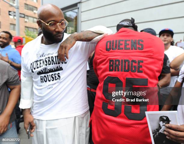 Friends and admirers of Prodigy gather outside of the Frank E. Campbell Funeral Chapel in New York City for the hip hop icon's funeral on June 29,...