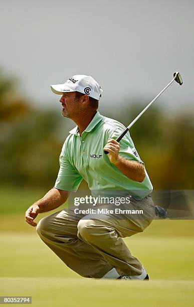 Jerry Kelly reacts after missing a putt on the 11th hole during the final round of the Puerto Rico Open presented by Banco Popular held on March 23,...