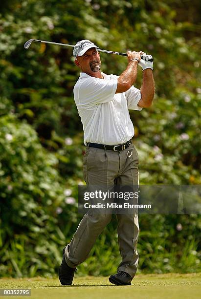 Marco Dawson hits his tee shot on the 7th hole during the final round of the Puerto Rico Open presented by Banco Popular held on March 23, 2008 at...