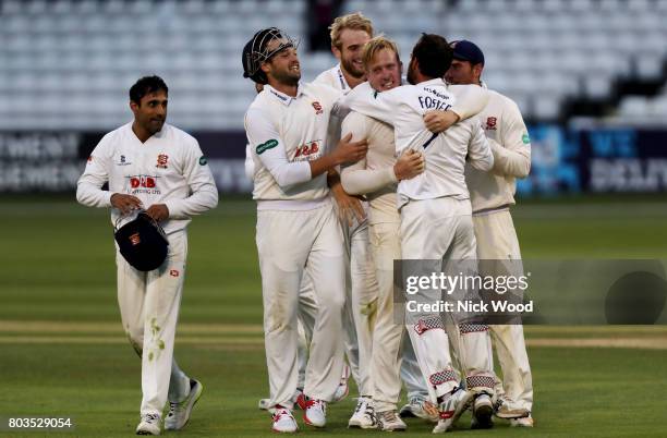 Simon Harmer of Essex celebrates taking the final wicket during the Essex v Middlesex - Specsavers County Championship: Division One cricket match at...