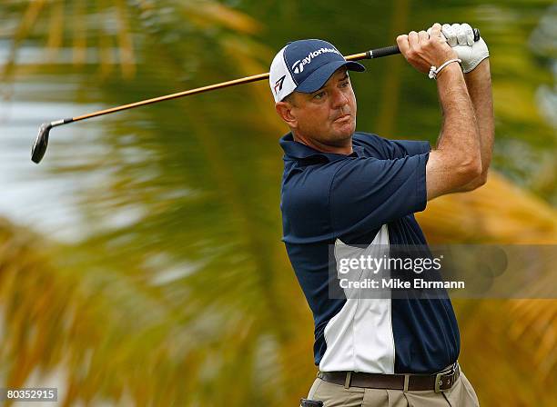 Brenden Pappas hits his tee shot on the 10th hole during the final round of the Puerto Rico Open presented by Banco Popular held on March 23, 2008 at...